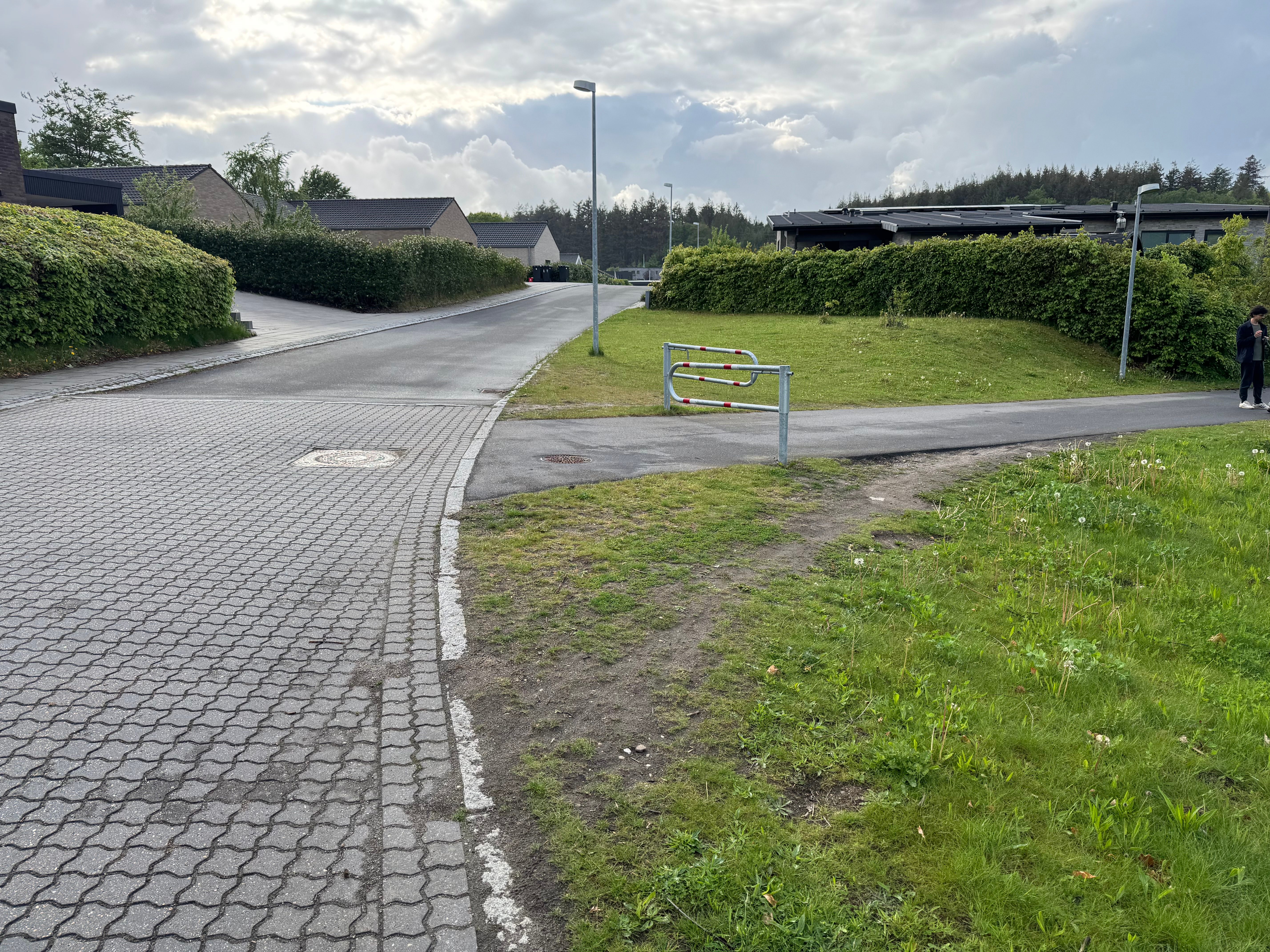 Hjortespringet-bom set fra distanceperspektiv. To brede slidspor i græsset løber uden om bommen, et på hver side
