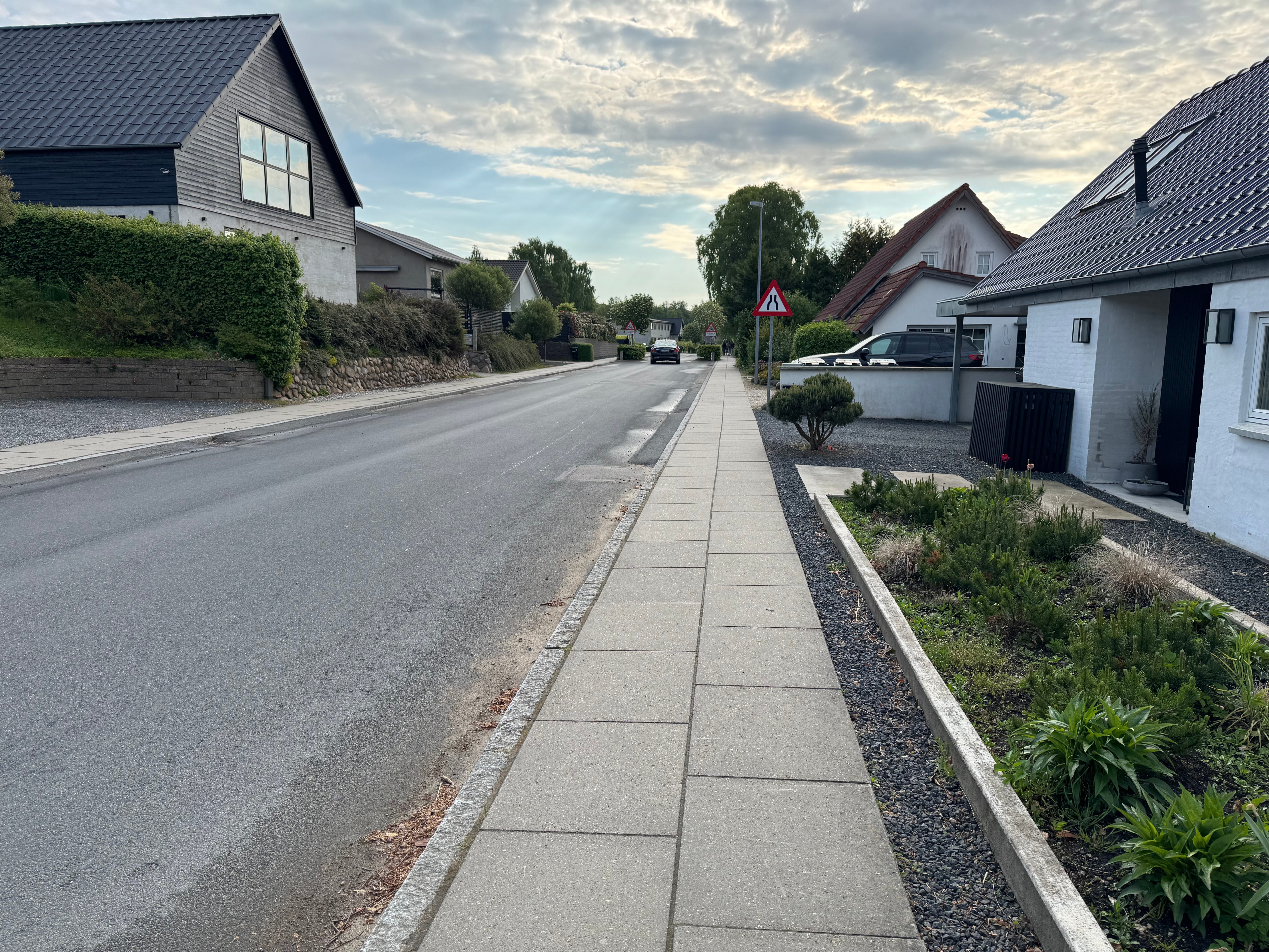 Sigtelinje langs Vesterlundvej fra 85 m vest for cykelstikrydset. Skiltet 'krydsende cyklister' er synligt, men cykelstiens udmunding er skjult bag hækbeplantning på begge sider af vejen